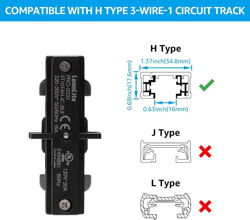 LEONLITE H Track Dead End I Connector, Single Circuit 3-Wire-1 Track Lighting Kit, UL Listed, Flame Retardant Material, Black - Image 4